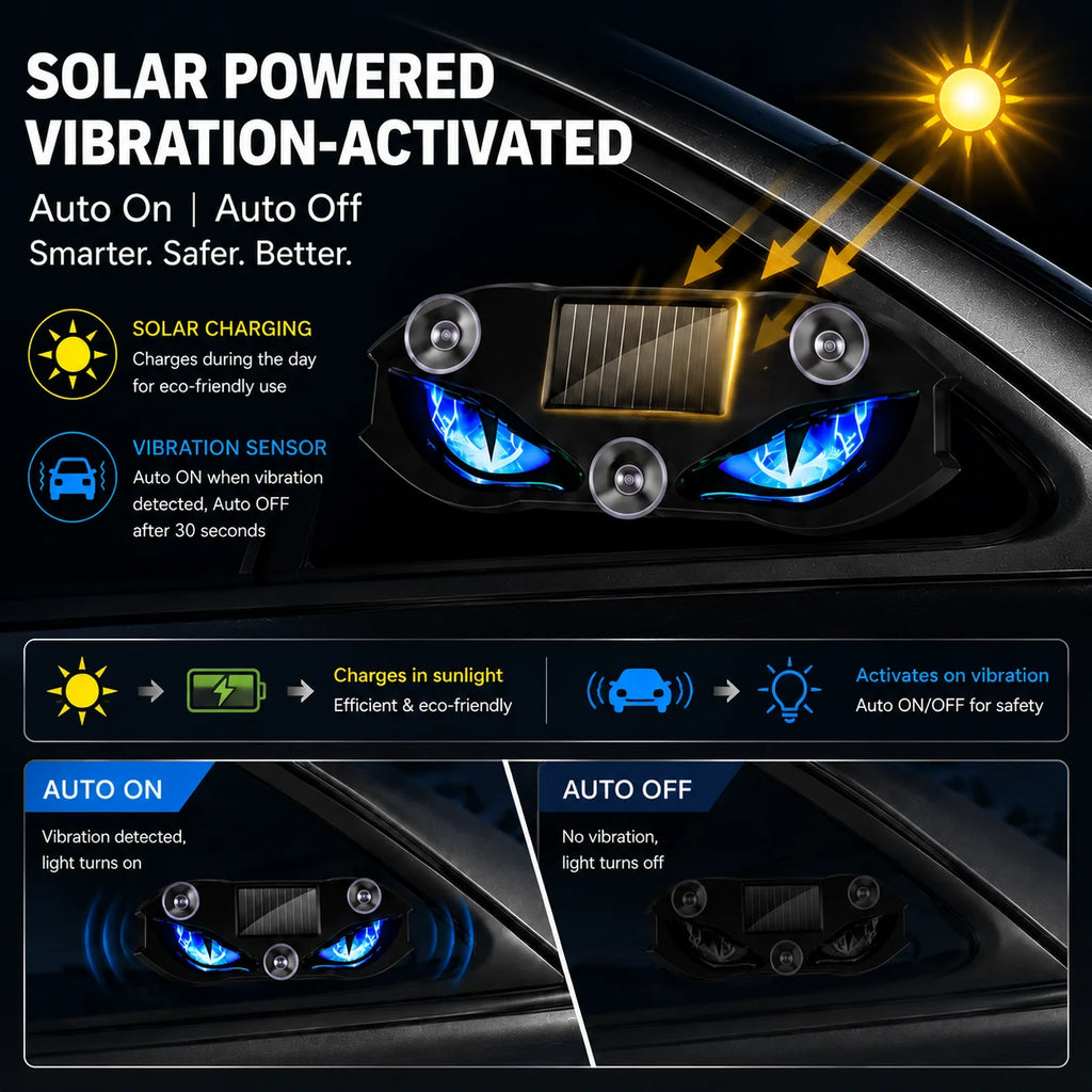 Solar Powered Car Window LED Light Vibration Activated Auto On/Off Devil's Eye Solar Charging Type-C Rechargeable Warning Light