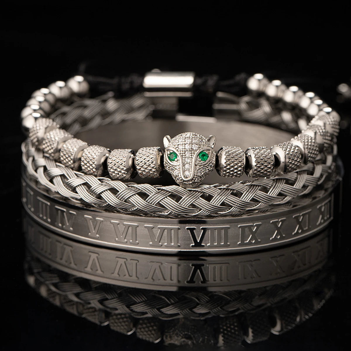 Men's 3Pcs/Set Bracelet Leopard Head Zircon Pineapple Beads Woven Bangle Roman Numeral Titanium Steel Jewelry Main image