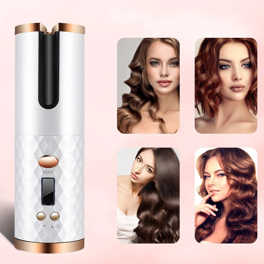 Cordless Curling Iron, USB Rechargeable, Ceramic Automatic Rotating Hair Curler with 6 Temps, Portable Hair Dryer Styler,Timers