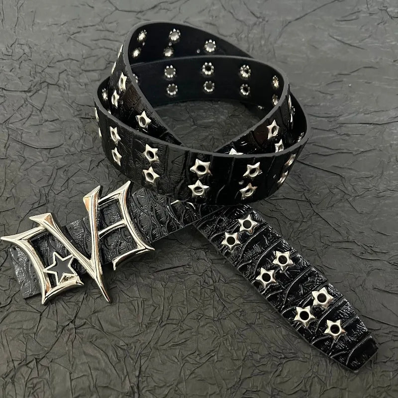 Y2K Punk Rivet Leather Belts Star PU Waist Strap Double Row Hollow vintage punk rock waistband goth subculture street hip-hop