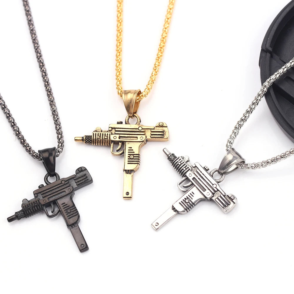 Punk Uzi Pistol Machine Gun Necklace Pendant - Fashion Hip Hop Jewelry for Men Handsome Personality Accessory