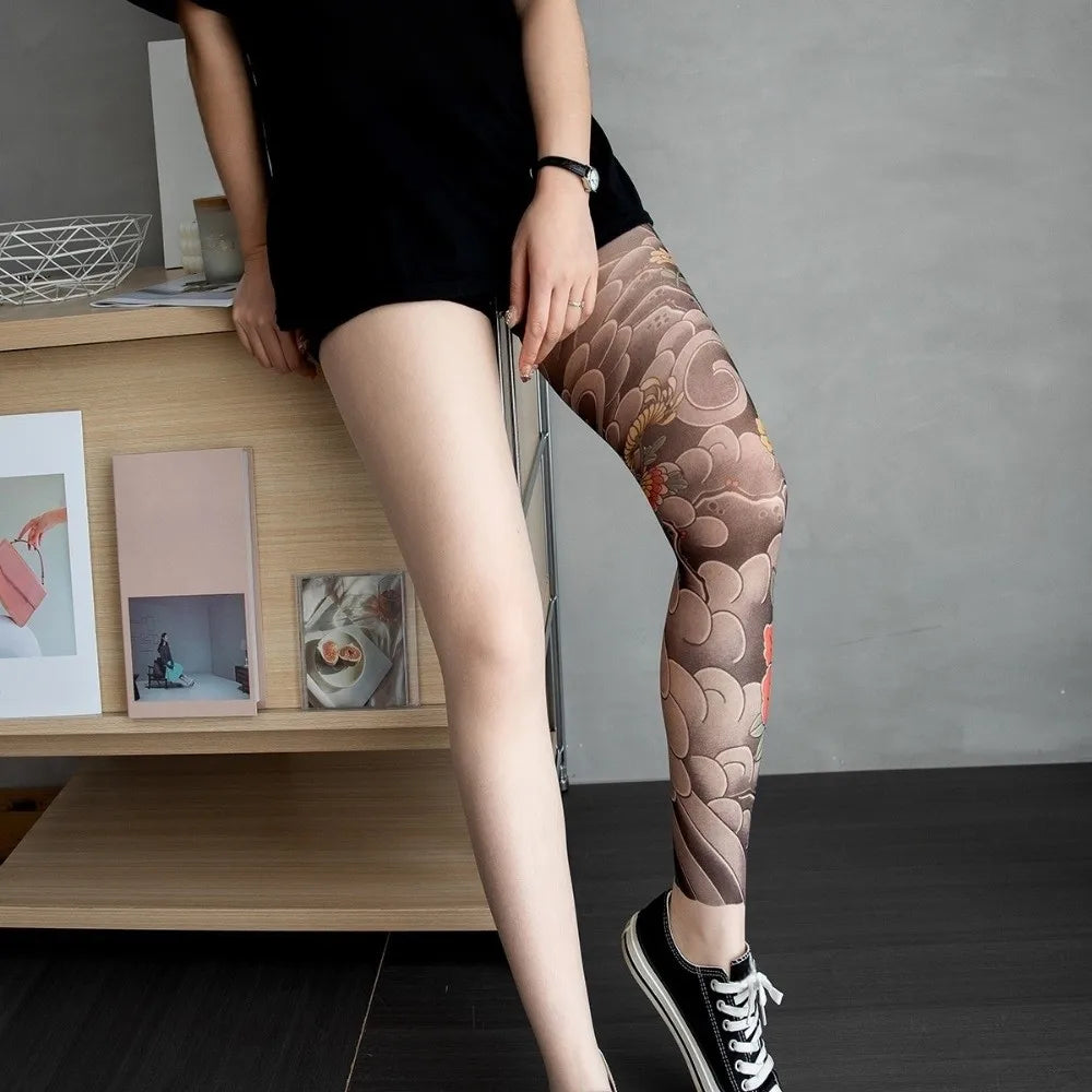 Snake Japanese Style Full Leg Tattoo Socks Breathable Elastic Fake Tattoo Socking Seamless UV Protection Sun-proof Socks Driving