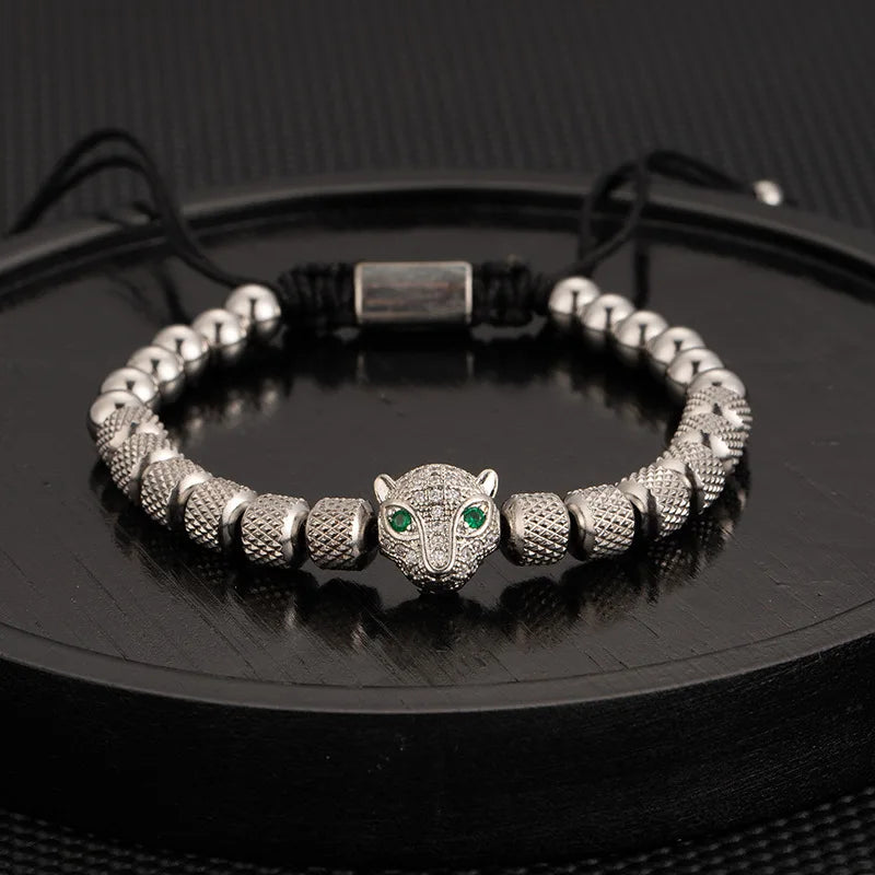 Men's 3Pcs/Set Bracelet Leopard Head Zircon Pineapple Beads Woven Bangle Roman Numeral Titanium Steel Jewelry Secondary image