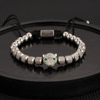 Men's 3Pcs/Set Bracelet Leopard Head Zircon Pineapple Beads Woven Bangle Roman Numeral Titanium Steel Jewelry
