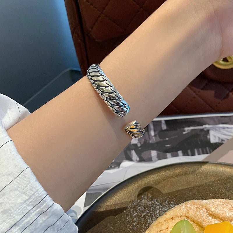 ANENJERY Thai Silver Color Tire Pattern Bracelet Bangles For Women Men Retro Hip Hop Korean Jewelry