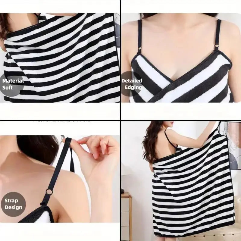 Wearable Striped Strappy Bath Towel for Women,backless Design,sexy and Fashionable.Coral Fleece Wearable Bath Towel,soft and Quick-drying
