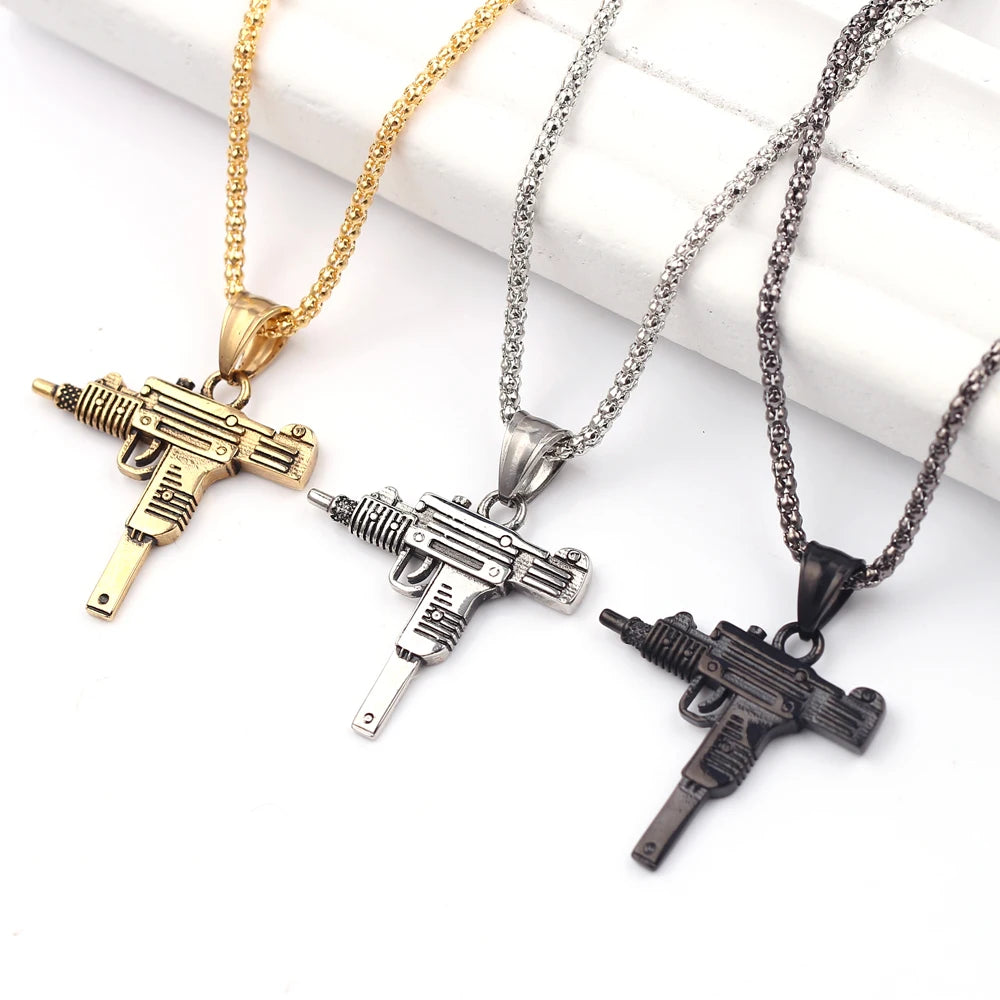 Punk Uzi Pistol Machine Gun Necklace Pendant - Fashion Hip Hop Jewelry for Men Handsome Personality Accessory