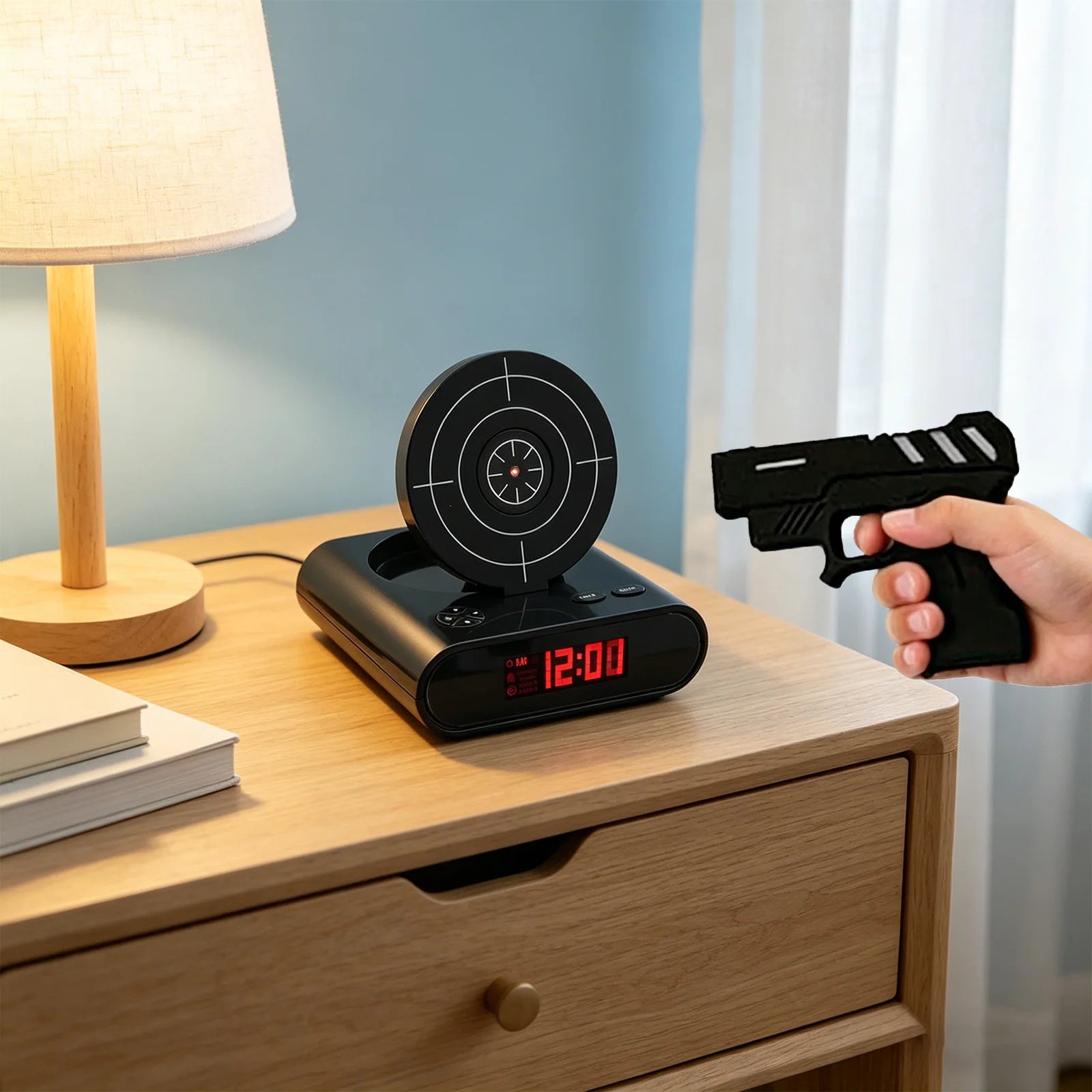 Target Alarm Clock with Gun & LED Display Creative Target Laser Shooting Clocks 2 Alarming Wake Up Digital Electronic Desk Clock