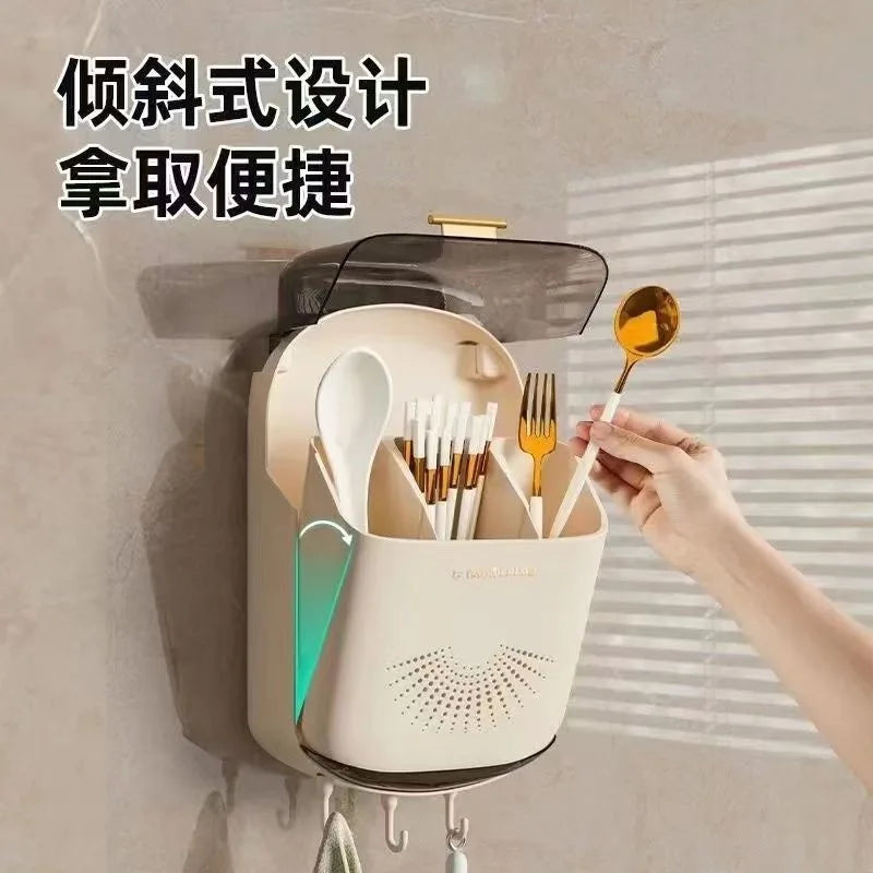 Dust Cover Drain Cutlery Organizer No Drill Wall Hanging Chopstick Cage Durable Easy Clean Kitchen Spoon Fork Storage Holder