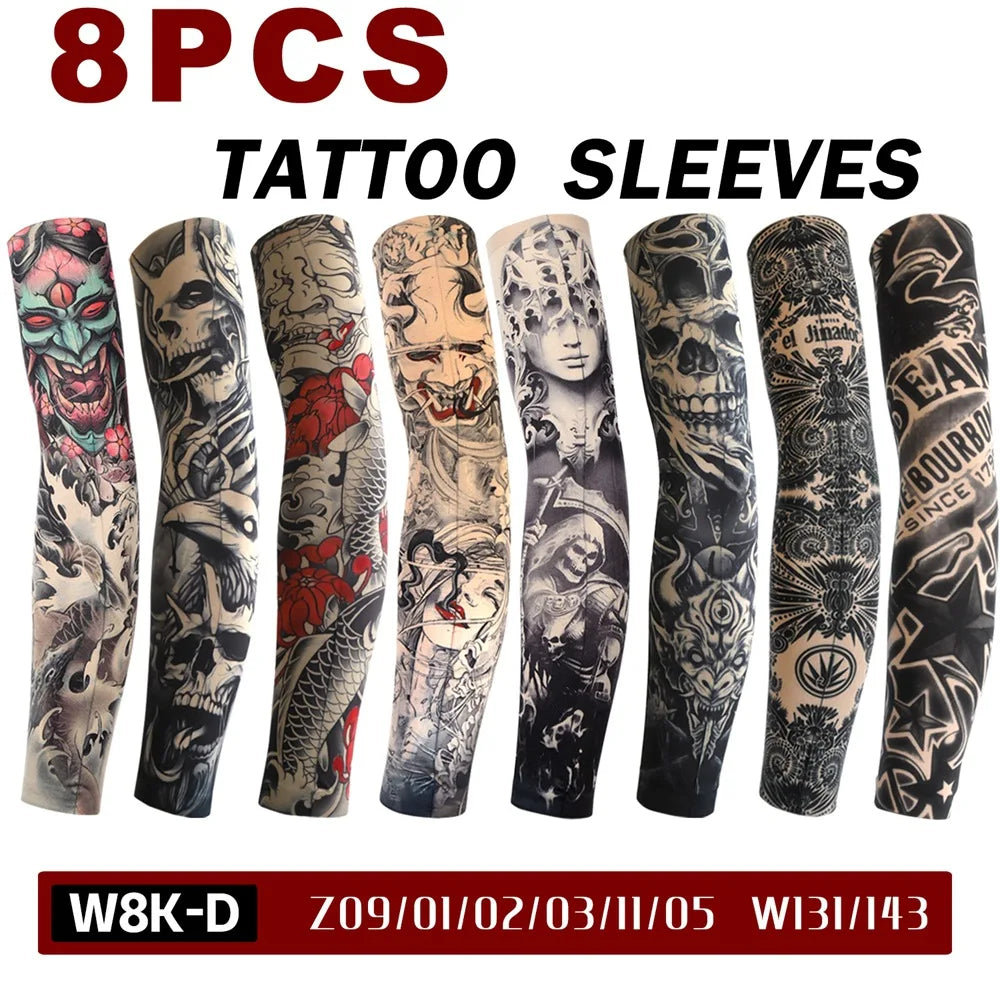 8 PCS Tattoo Sleeves Unisex Summer Cycling Sun Protection Arm Covers Beach Driving Fishing Breathable Nightclub Elastic Sleeves