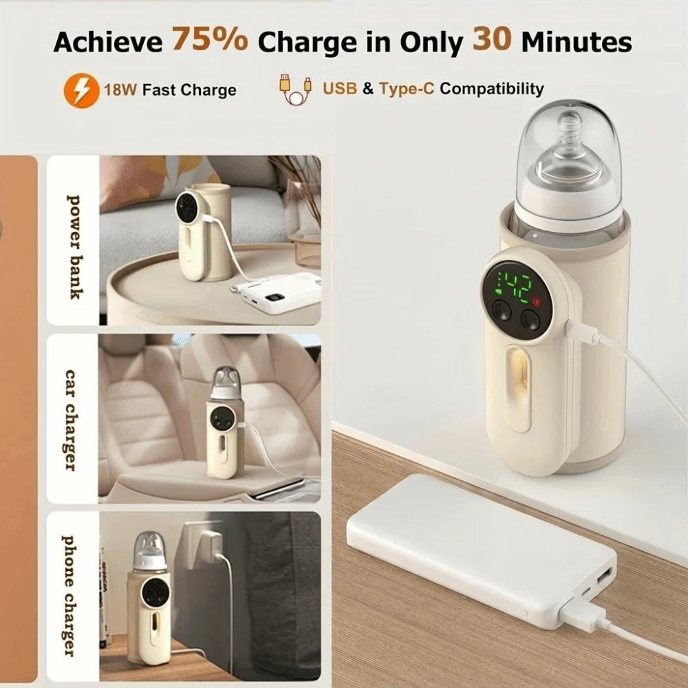 USB Rechargeable Portable Bottle Warmer Constant Temperature Digital Display Breastmilk Heating Sleeve Cordless