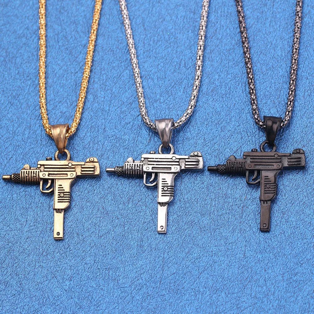 Punk Uzi Pistol Machine Gun Necklace Pendant - Fashion Hip Hop Jewelry for Men Handsome Personality Accessory