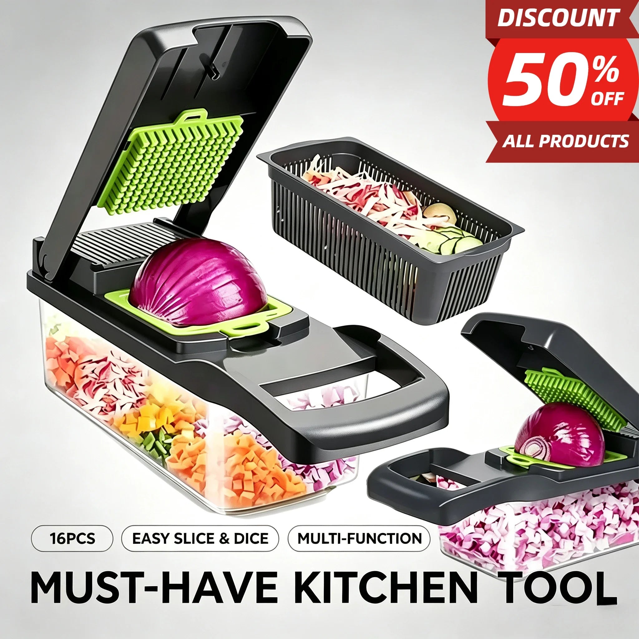16PCS Vegetable Chopper Set Multi‑Function Kitchen Slicer Dicer Shredder Handle Food Grater for Potato Onion Vegetable Cutting