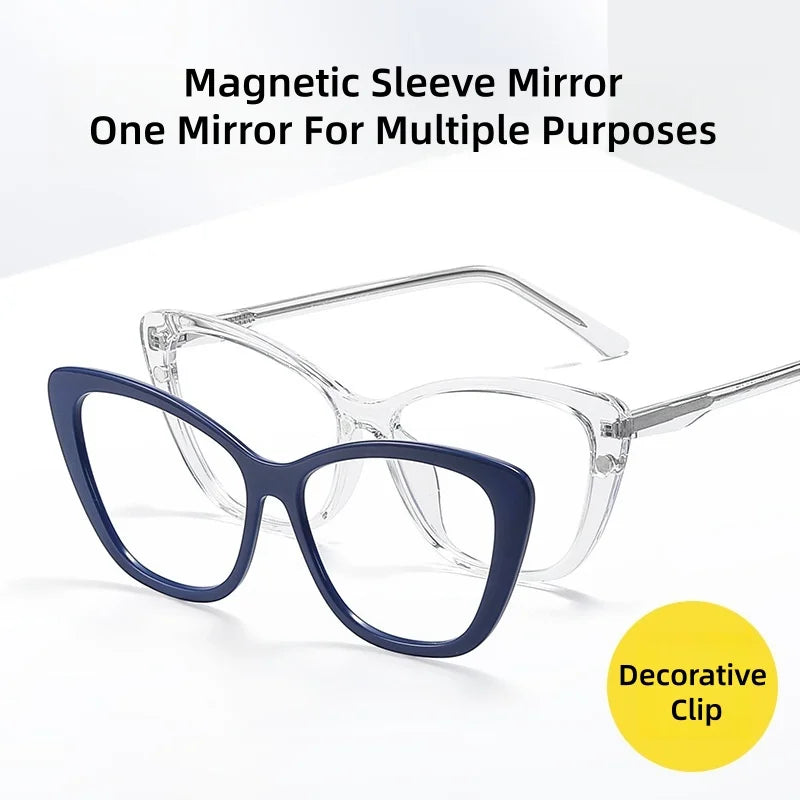 JAEVAR New Retro Floral Cat Eye Magnetic Suction Set Glasses Frame With Five Pairs Of Flat Light Glasses Frame 9001-9007