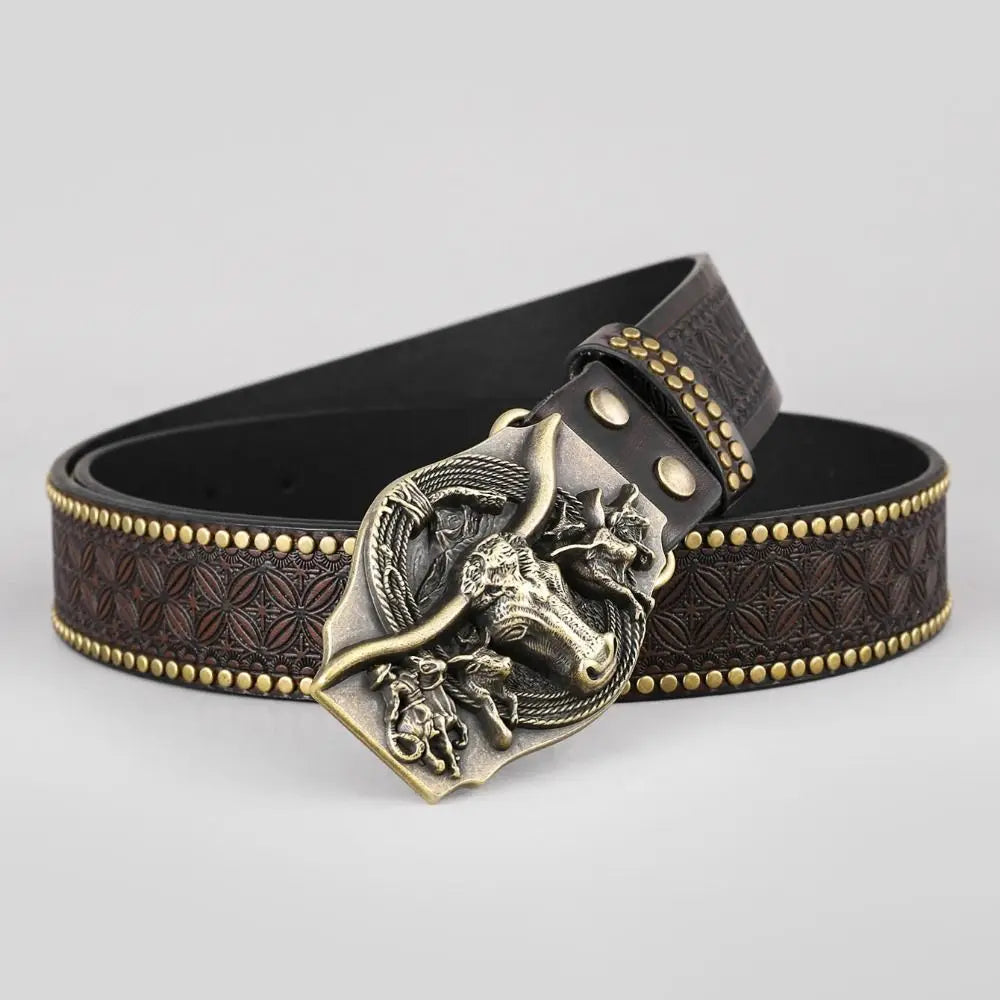 Vintage Western Cowboy Men's PU Leather Belt Luxury Design Trendy Brand Ox Head Waistband Jeans Pants Belt
