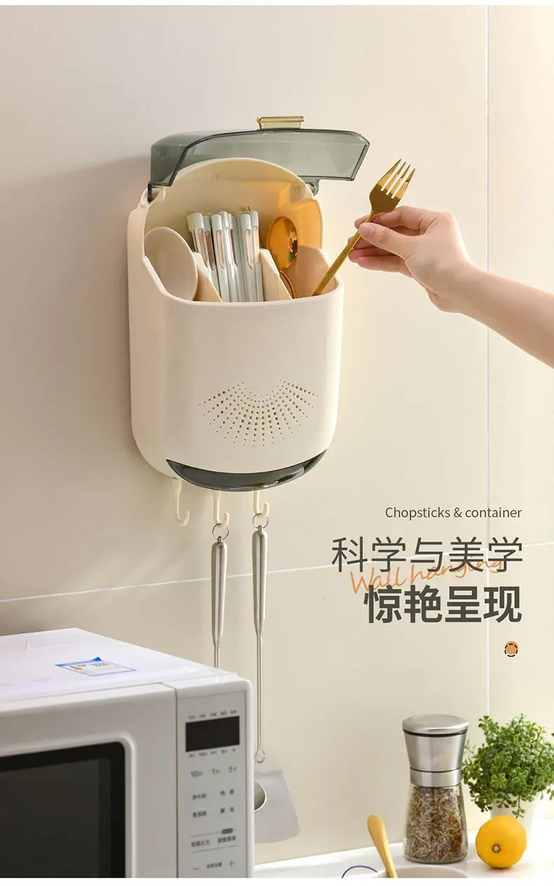Dust Cover Drain Cutlery Organizer No Drill Wall Hanging Chopstick Cage Durable Easy Clean Kitchen Spoon Fork Storage Holder
