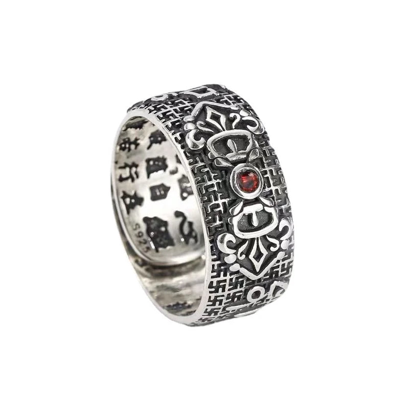 Feng Shui Pixiu Ring for Men, Silver Plated Golden Toad & Garnet Jewelry, Adjustable Wealth Amulet, Lucky Retro Gift for Him
