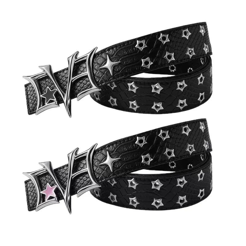 Y2K Punk Rivet Leather Belts Star PU Waist Strap Double Row Hollow vintage punk rock waistband goth subculture street hip-hop