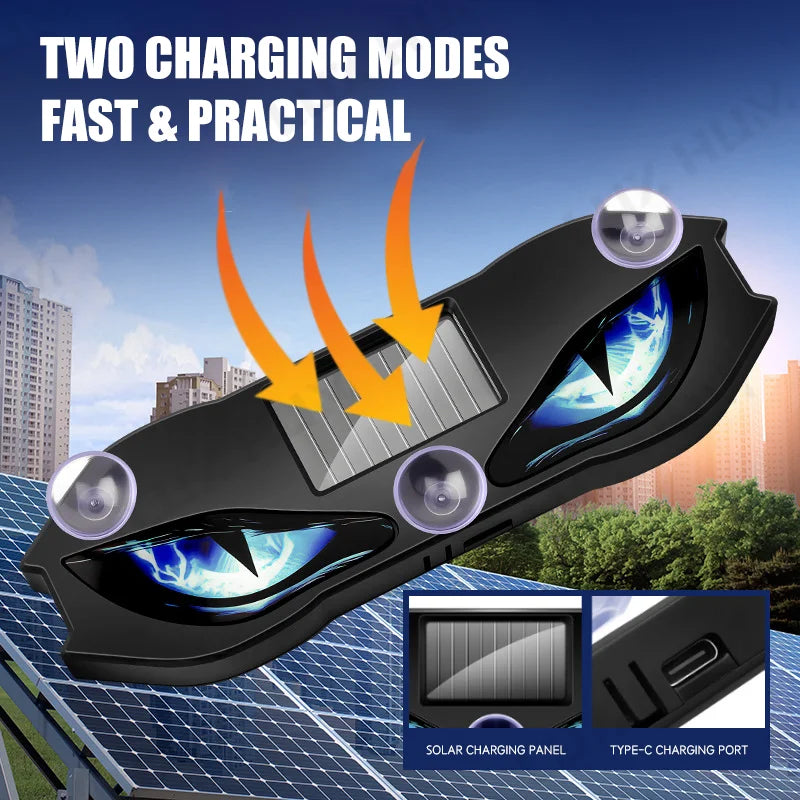 Solar Powered Car Window LED Light Vibration Activated Auto On/Off Devil's Eye Solar Charging Type-C Rechargeable Warning Light