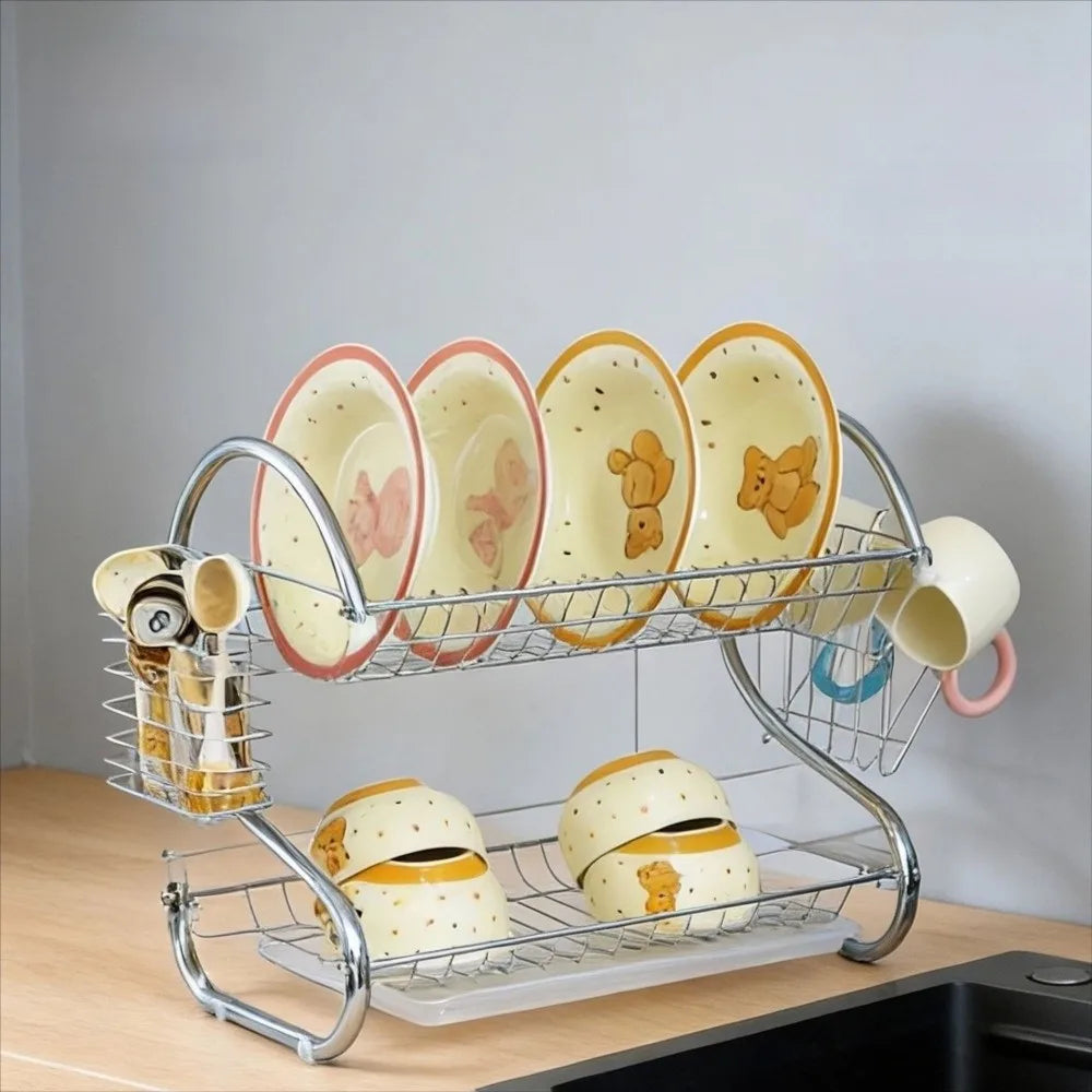 High Quality Stainless Steel Dish Drying Rack S Shape Metal Tableware Holder 2 Tier Space Saving Kitchen Organizer Kitchen