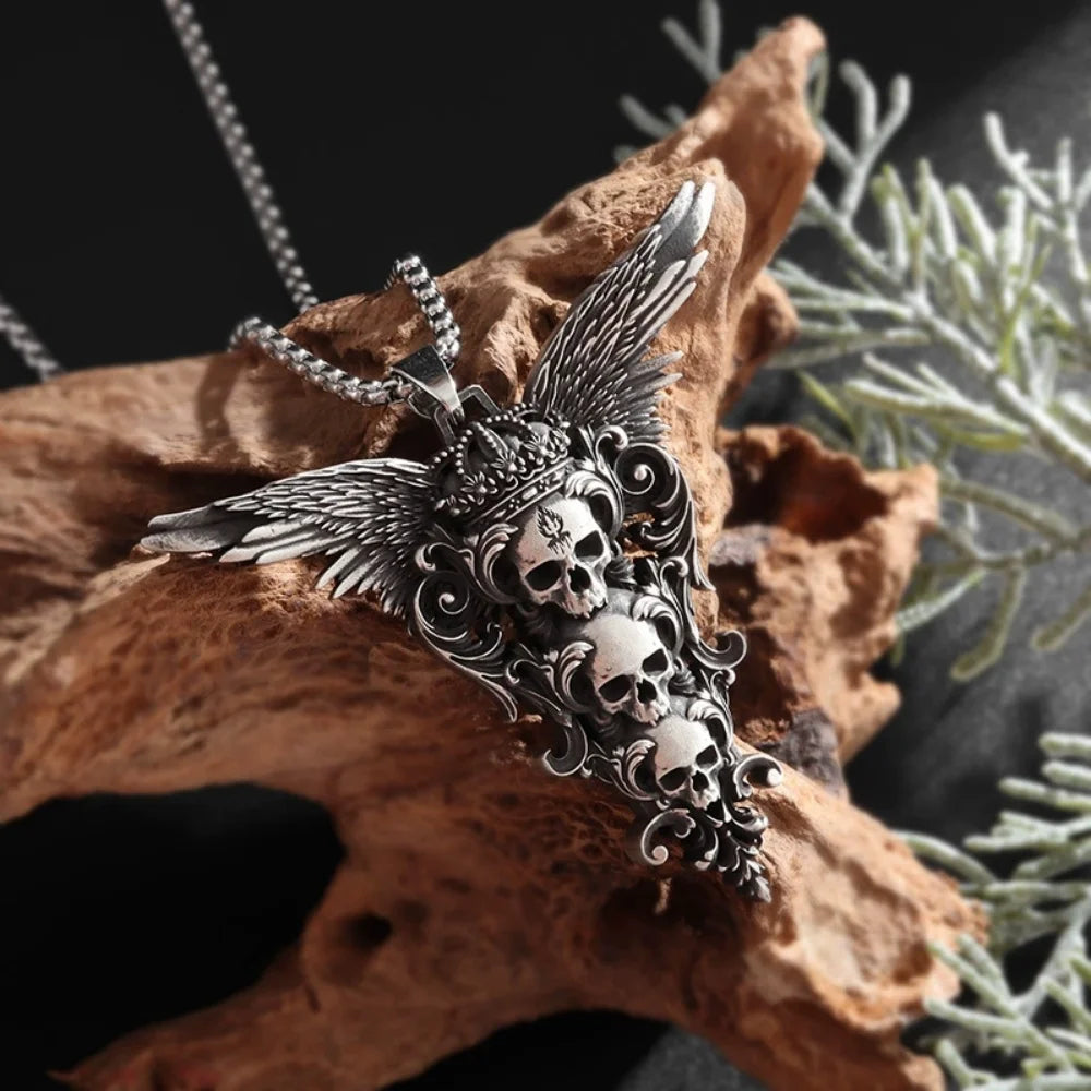 Vintage Crown Skull Wing Pendant, Men's Punk Hip Hop Rock Charm Jewelry Necklace, New Gothic Versatile Accessories, Party Gifts