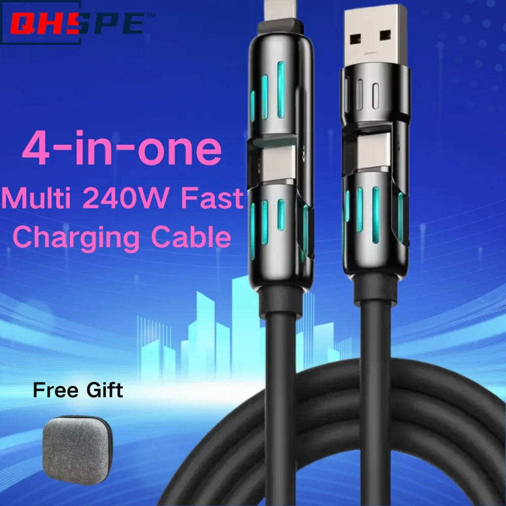 USB、Type C, lightning-Max 240W Fast Charging and Data Sync MFISH 4-in-1 Multi-Function USB Charging Cable for 16/15, iPad