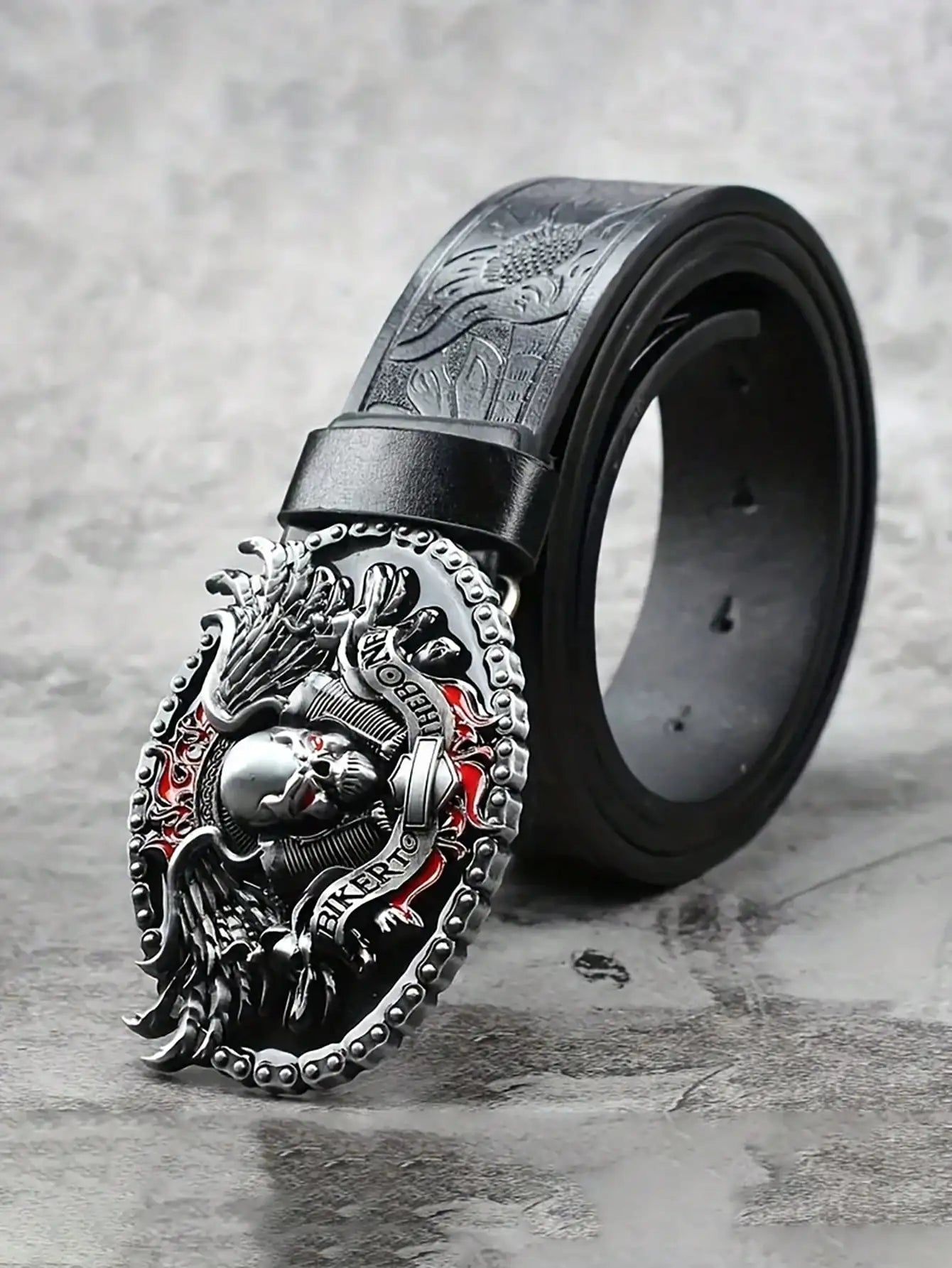 HERSHINE Men's Vintage Embossed Leather Belt (1 Piece), Skull Ghost Buckle, Y2K Gothic Punk Rock Hip Hop Accessory，spring，summer