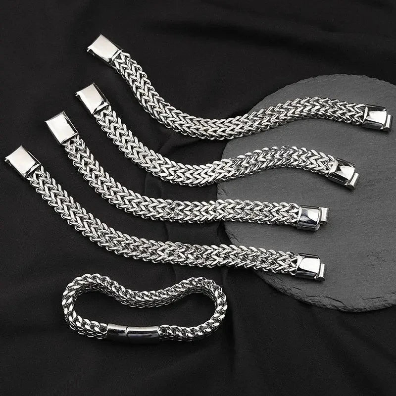 Stainless Steel Braided Double Row Metal Bracelet with Magnetic Clasp Men's Personalized Hip Hop Rock Party Punk Jewelry