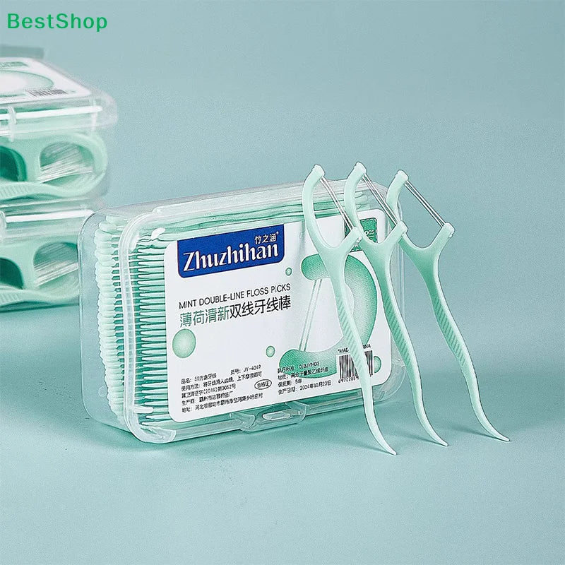 Mint Fresh Double-Line Floss Picks (50-Count) | Dual-Strand Teeth Cleaning Sticks, Deep Plaque Removal for Daily Oral Care