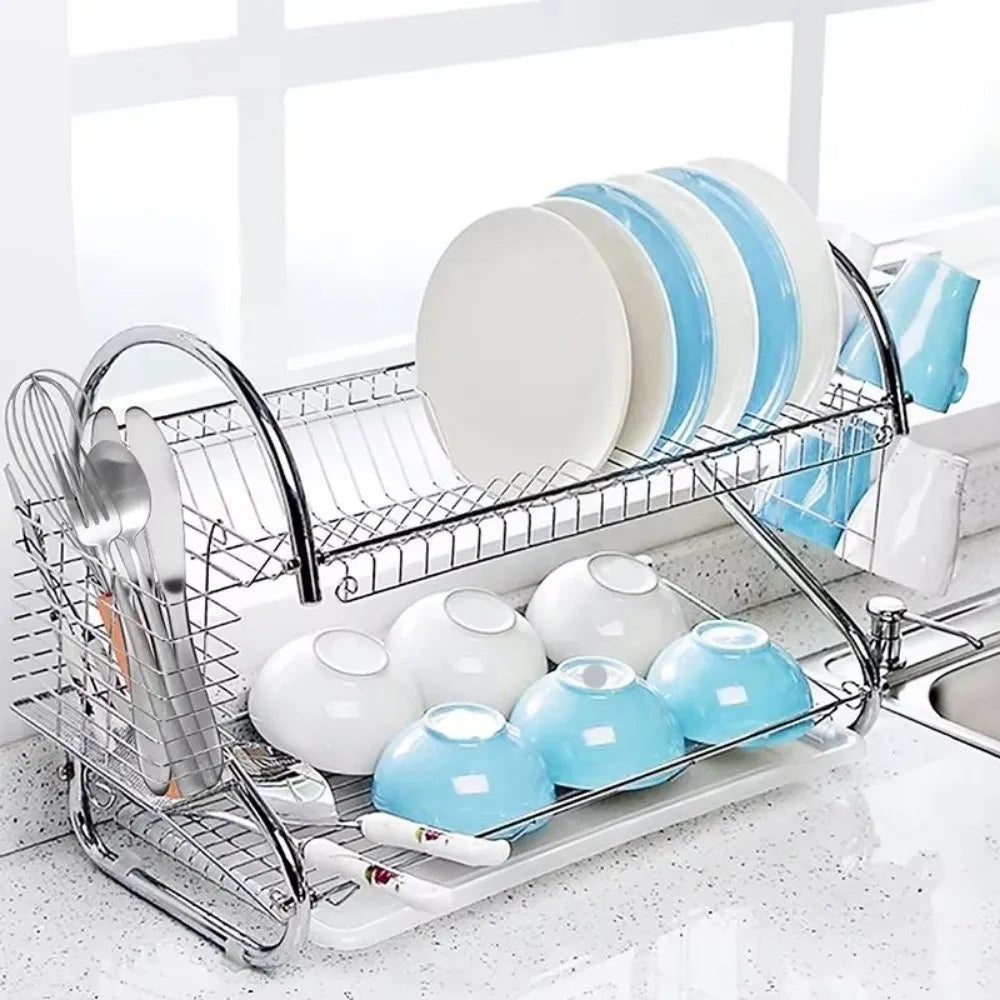 High Quality Stainless Steel Dish Drying Rack S Shape Metal Tableware Holder 2 Tier Space Saving Kitchen Organizer Kitchen