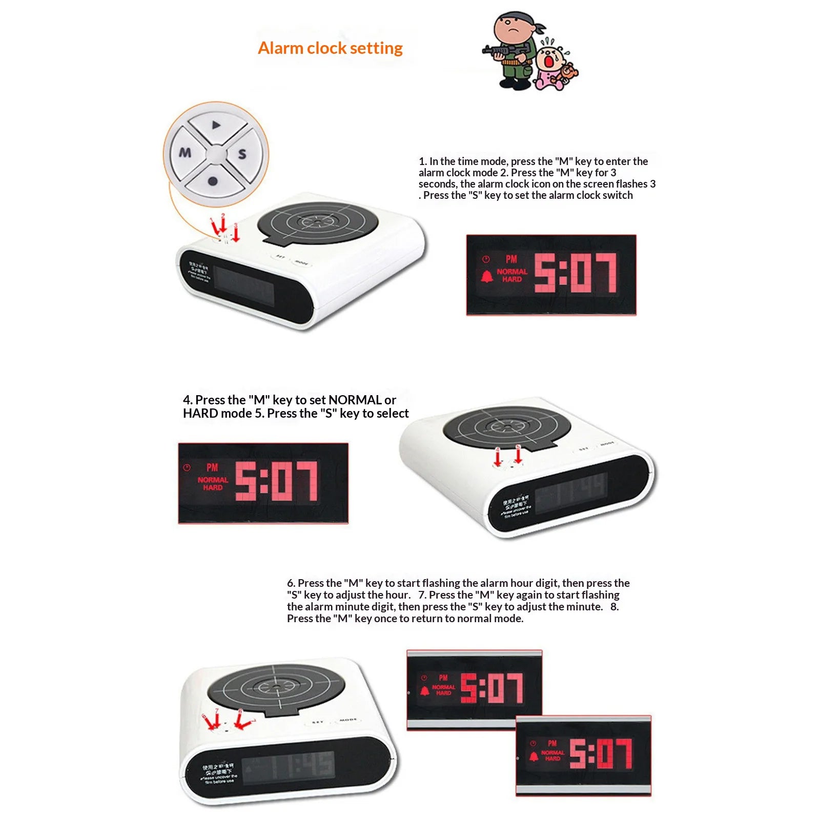 Target Alarm Clock with Gun & LED Display Creative Target Laser Shooting Clocks 2 Alarming Wake Up Digital Electronic Desk Clock