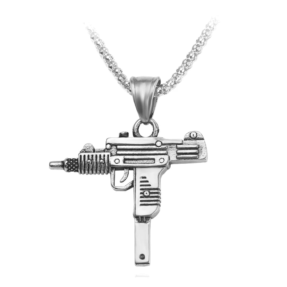 Punk Uzi Pistol Machine Gun Necklace Pendant - Fashion Hip Hop Jewelry for Men Handsome Personality Accessory