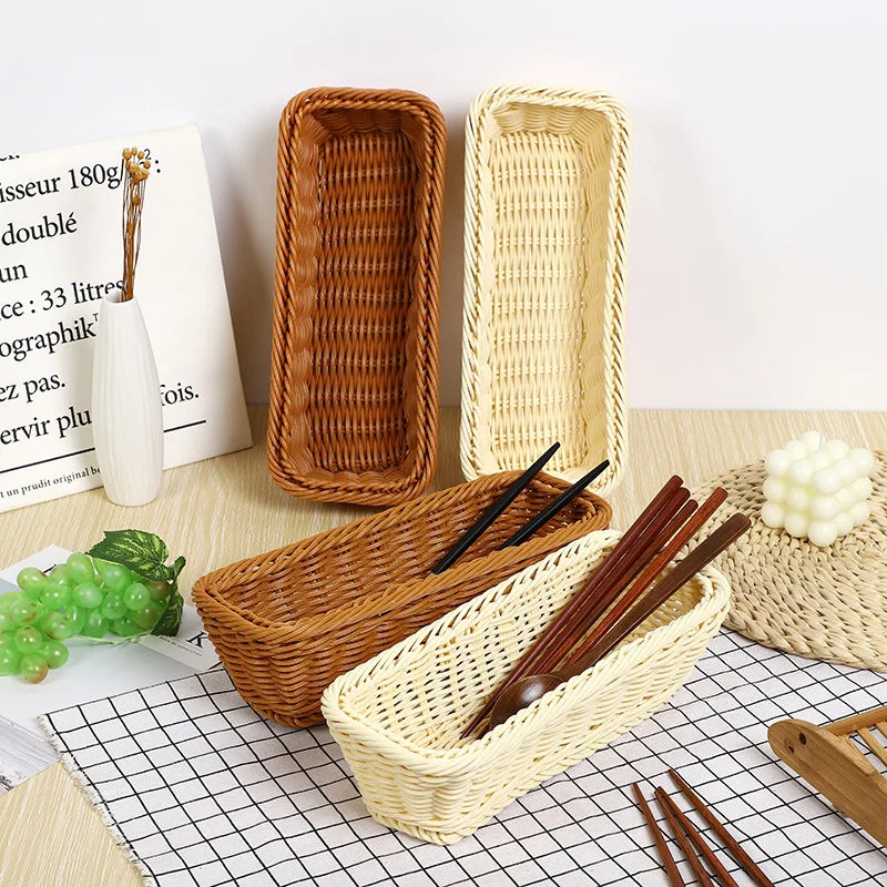 Rectangular Imitation Rattan Storage Basket Household Portable Tableware Storage Container Universal Save Space Faux Wicker Tray