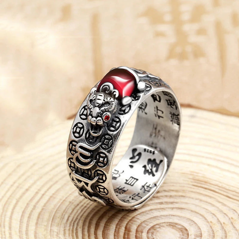 Feng Shui Pixiu Ring for Men, Silver Plated Golden Toad & Garnet Jewelry, Adjustable Wealth Amulet, Lucky Retro Gift for Him