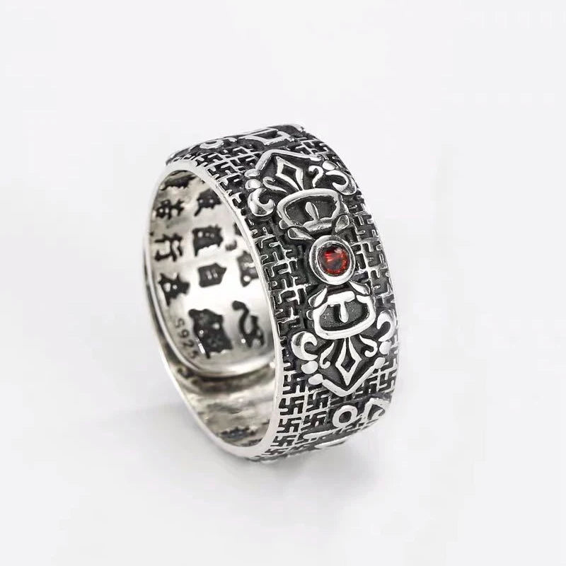 Feng Shui Pixiu Ring for Men, Silver Plated Golden Toad & Garnet Jewelry, Adjustable Wealth Amulet, Lucky Retro Gift for Him