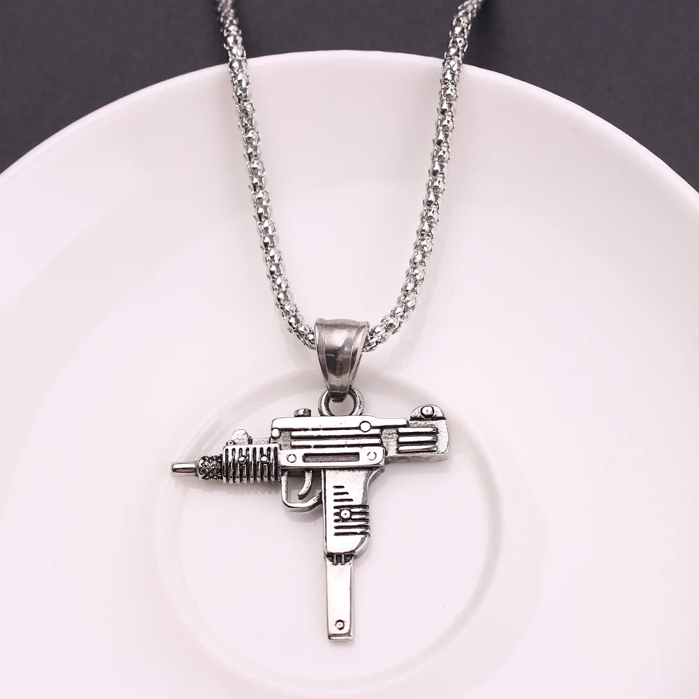 Punk Uzi Pistol Machine Gun Necklace Pendant - Fashion Hip Hop Jewelry for Men Handsome Personality Accessory