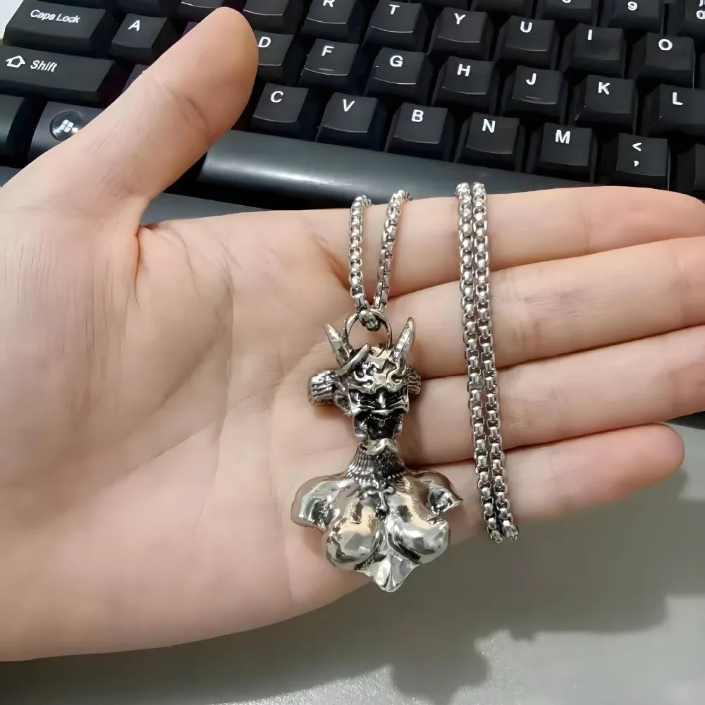 Retro Gothic Dark Demon Pendant Necklace for Men Women Punk Hip Hop Horror Horn Mask Necklaces Statement Jewelry Gift