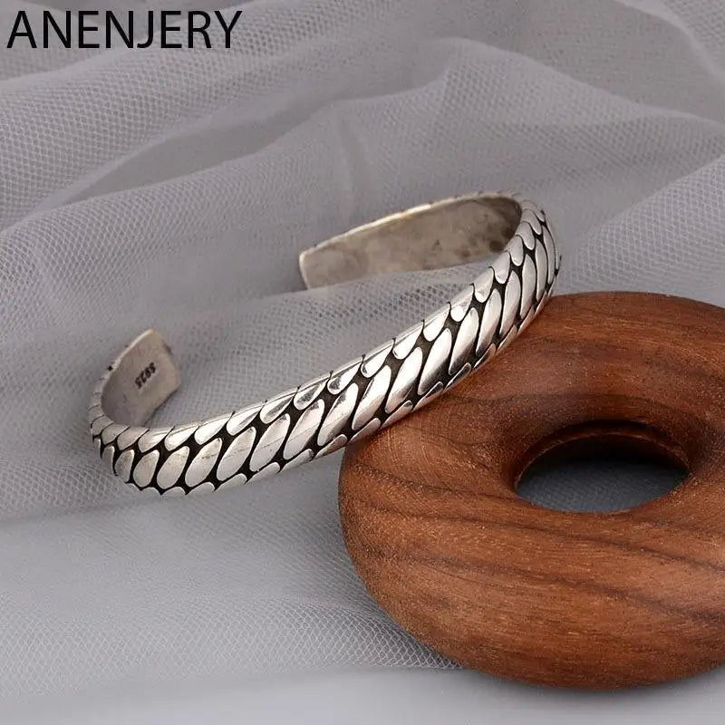 ANENJERY Thai Silver Color Tire Pattern Bracelet Bangles For Women Men Retro Hip Hop Korean Jewelry