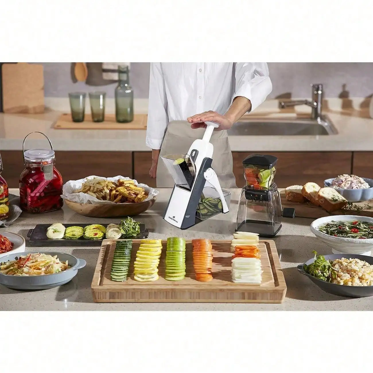 Safe Mandoline Slicer 5 in 1 Vegetable Chopper Food Potato Cutter, Strips Julienne Dicer Adjustable Thickness 0.1-8 mm Kitchen Chopping Artifact Fast Meal Prep 副图