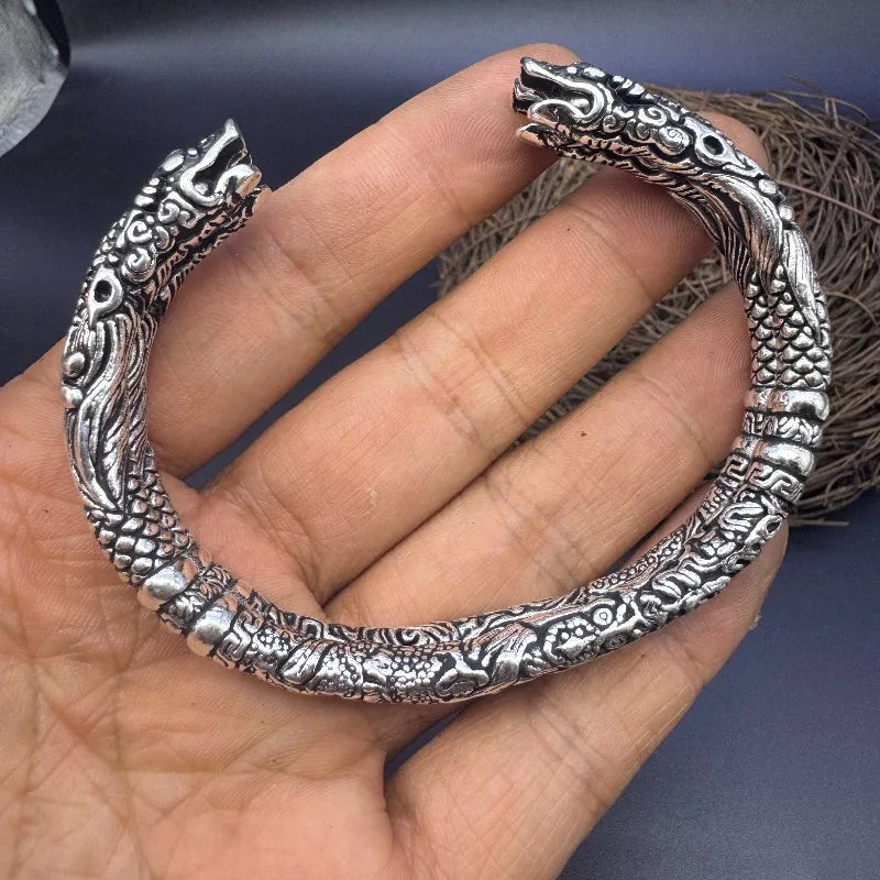 Vintage Distressed Double Dragon Two-Ring Open Bangle, Handmade Chinese Style Unisex Couple Bracelet