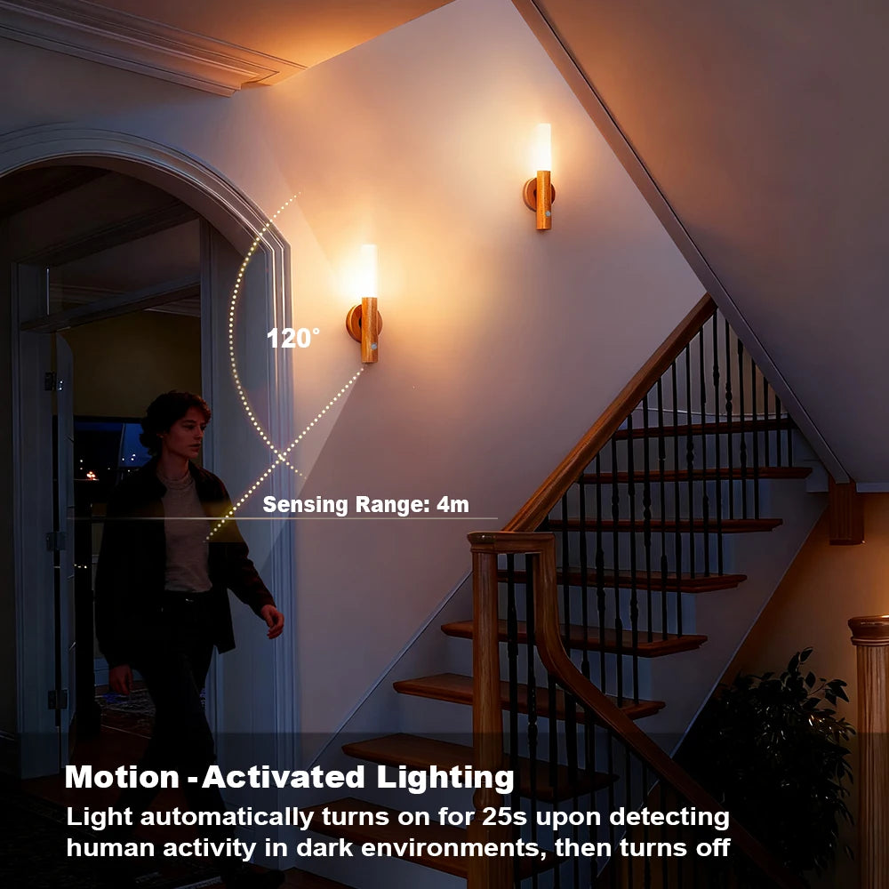 Magnetic LED Wall Light PIR Motion Sensor 360°Rotation LED Rechargeable Night Light Wood Grain Wall Lamp Kitchen Light Lamp