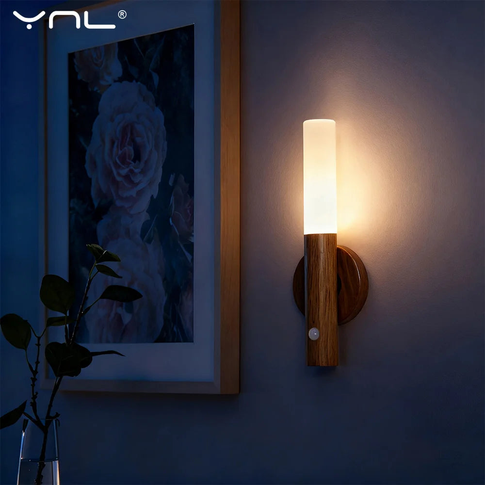 Magnetic LED Wall Light PIR Motion Sensor 360°Rotation LED Rechargeable Night Light Wood Grain Wall Lamp Kitchen Light Lamp