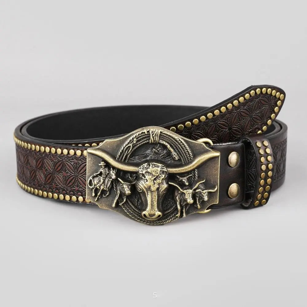 Vintage Western Cowboy Men's PU Leather Belt Luxury Design Trendy Brand Ox Head Waistband Jeans Pants Belt
