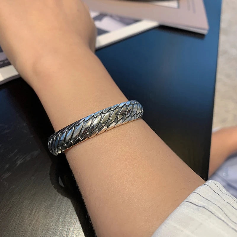 ANENJERY Thai Silver Color Tire Pattern Bracelet Bangles For Women Men Retro Hip Hop Korean Jewelry