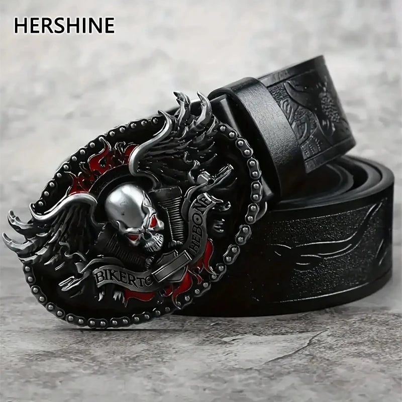 HERSHINE Men's Vintage Embossed Leather Belt (1 Piece), Skull Ghost Buckle, Y2K Gothic Punk Rock Hip Hop Accessory，spring，summer