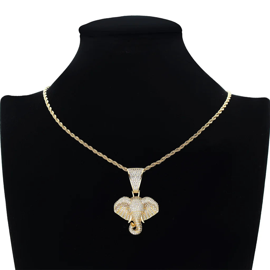 New Elephant Head Hip-hop Pendant with Gold Micro Inlaid Animal Hip-hop Accessory  necklace