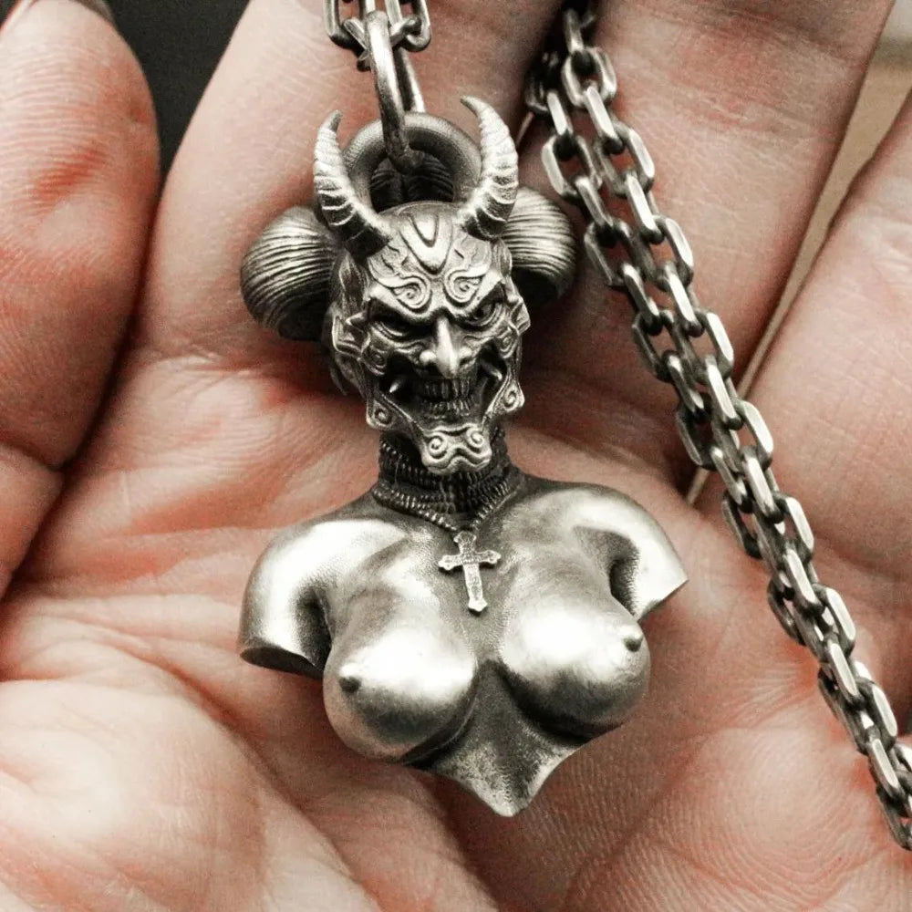 Retro Gothic Dark Demon Pendant Necklace for Men Women Punk Hip Hop Horror Horn Mask Necklaces Statement Jewelry Gift