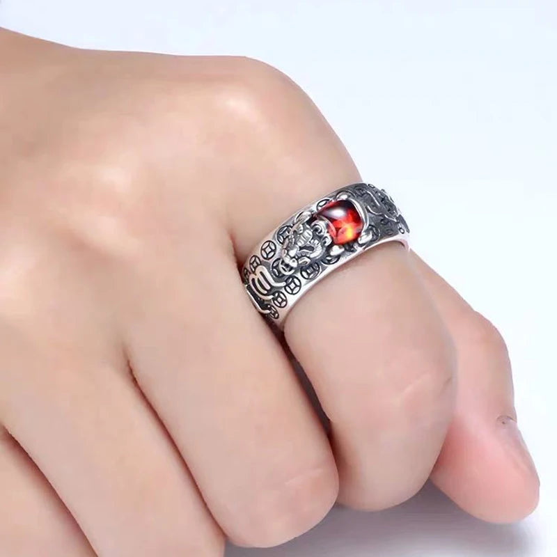 Feng Shui Pixiu Ring for Men, Silver Plated Golden Toad & Garnet Jewelry, Adjustable Wealth Amulet, Lucky Retro Gift for Him