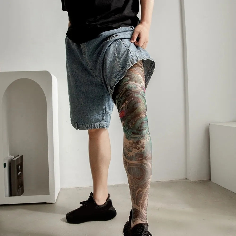 Snake Japanese Style Full Leg Tattoo Socks Breathable Elastic Fake Tattoo Socking Seamless UV Protection Sun-proof Socks Driving