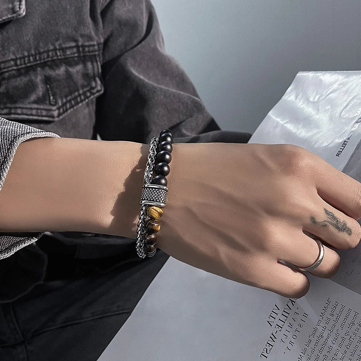 YQ  Stainless Steel Hand Chain Tiger Eye Bead Bracelet For Men Jewelry Rosary Accessories